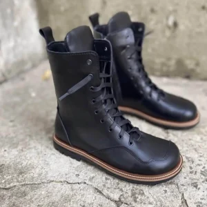 Winter Black Leather Boots Women Handmade Anatomical Lace